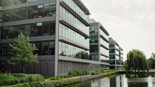 Modern office complex with glass fronted buildings