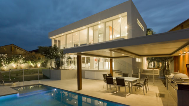 backyard of modern house - desk and pool